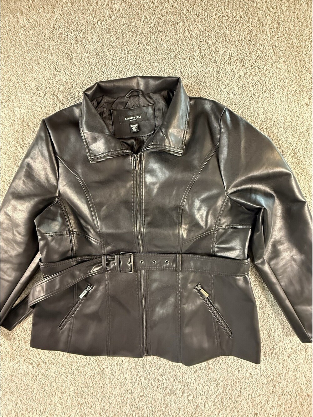 Kenneth Cole Women’s Poly Jacket Size XXL Black Biker Belted NWOT